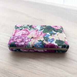 Vintage Fabric Covered Jewelry Box Mirror & Gold Trim MCM Floral Cottagecore